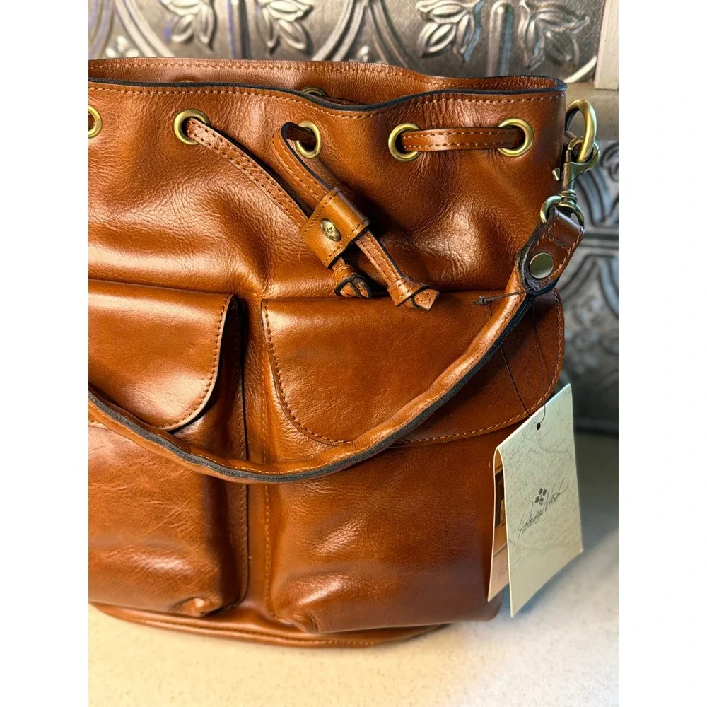 Patricia Nash Bucket Bag Brown Leather Cognac Drawstring Crossbody Handbag